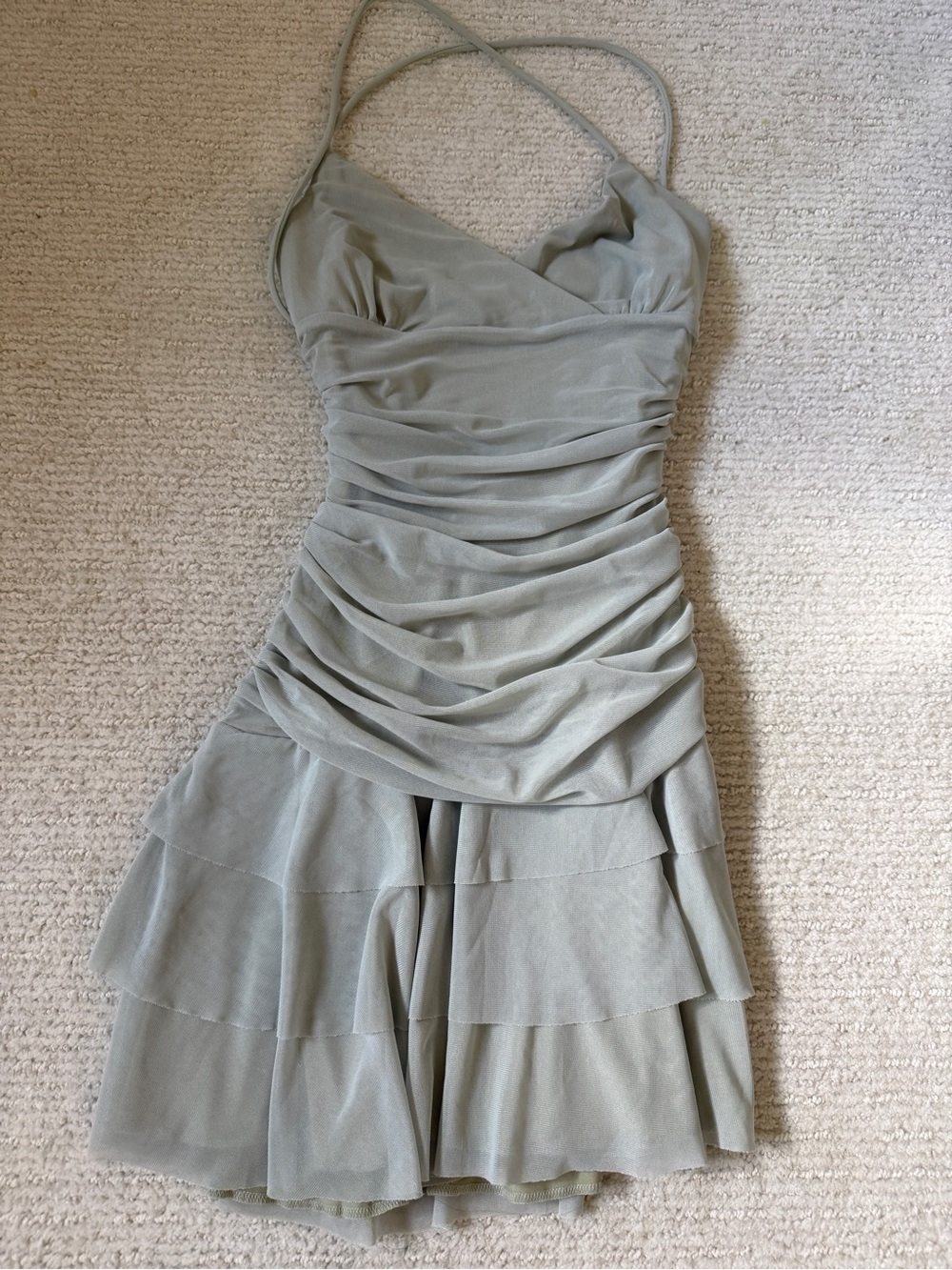 Peppermayo Sage Green Ruched Halter Tiered Mini Dress